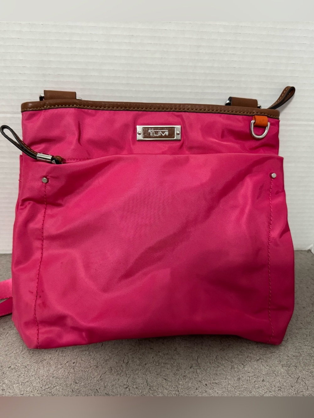 Tumi Capri Nylon Pink Crossbody Bag Zip Adjustable Strap Leather Accents